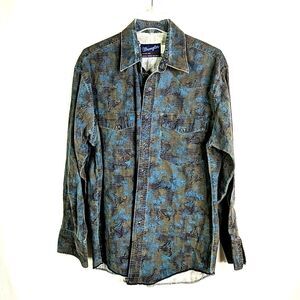 Wrangler Western Blue Snap Shirt XL Tails Men Size 16.5 Large Texas Longhorn VTG